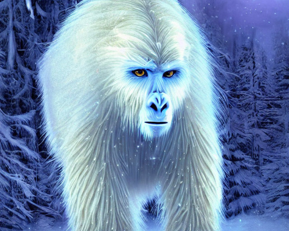 White Yeti with Blue Eyes in Snow-Covered Forest at Twilight