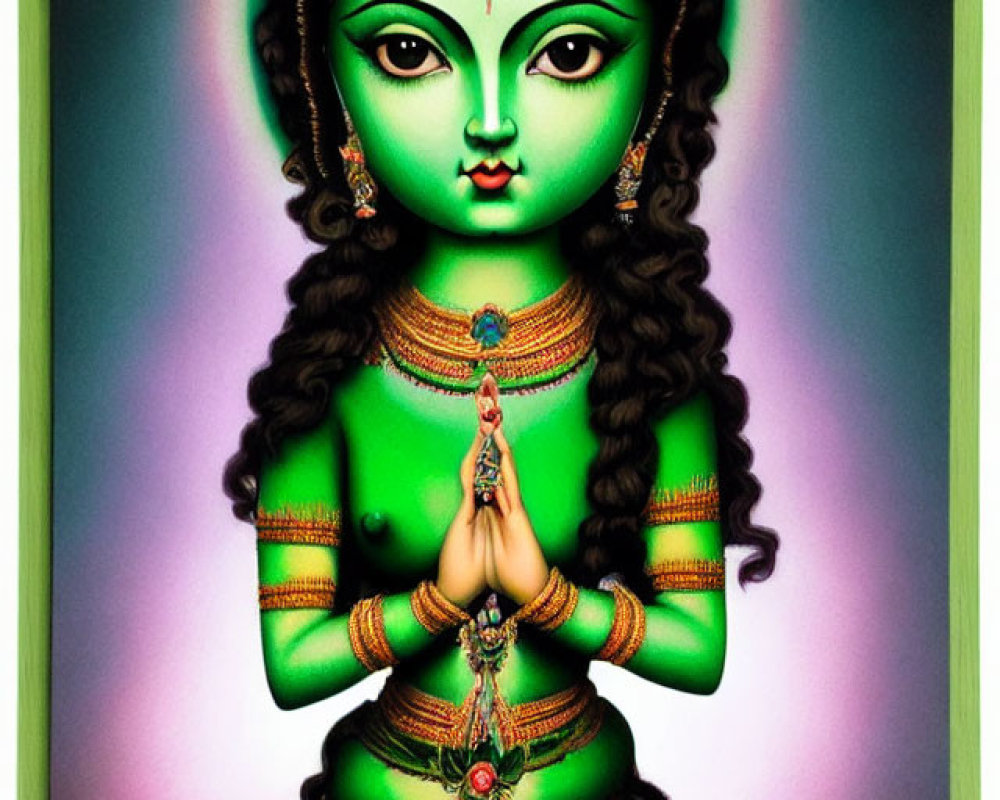 Detailed Illustration of Green-Skinned Female Figure with Four Arms