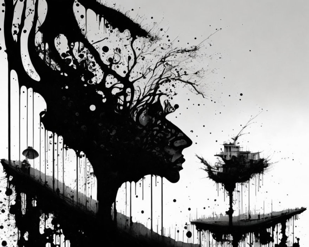 Ink-splattered head silhouette with tree, birds, house, boat landscape