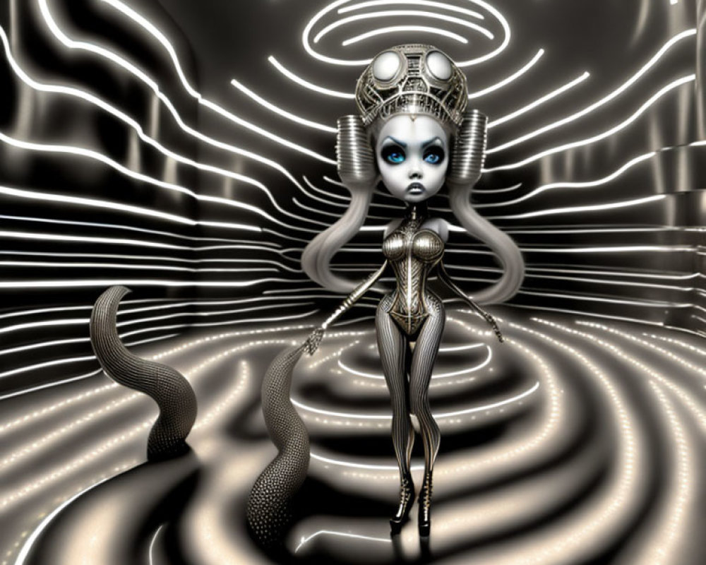 Elaborately dressed 3D character in metallic suit in surreal environment