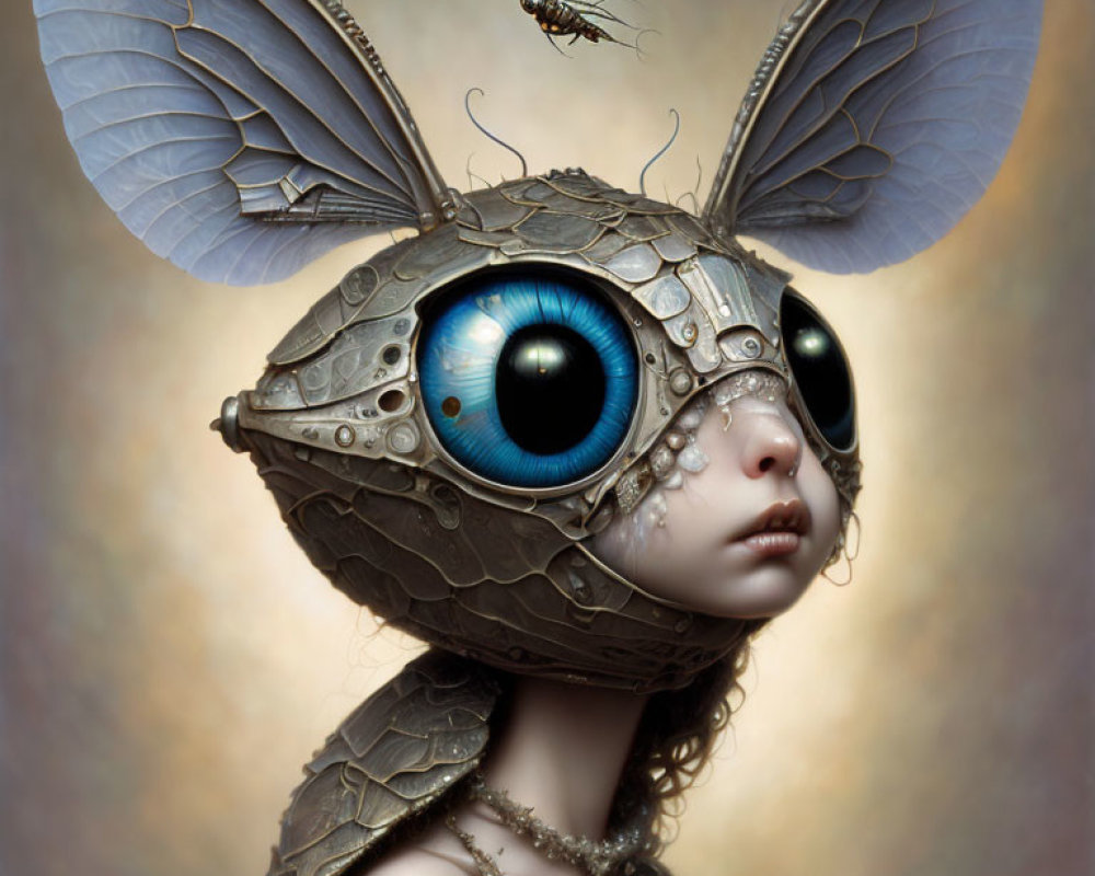 Surreal steampunk artwork with mechanical headpiece and butterfly wings