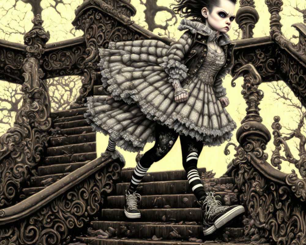 Gothic animated girl in frilly dress on ornate staircase