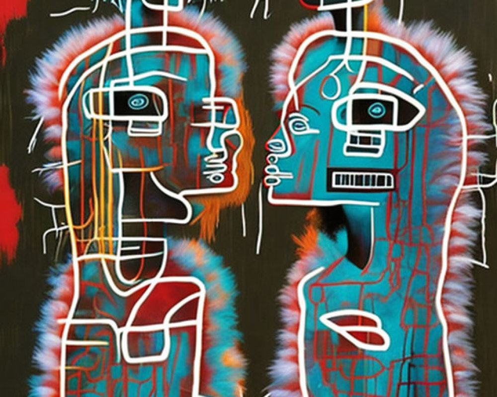 Vibrant abstract painting of two humanoid figures with intricate patterns on black background