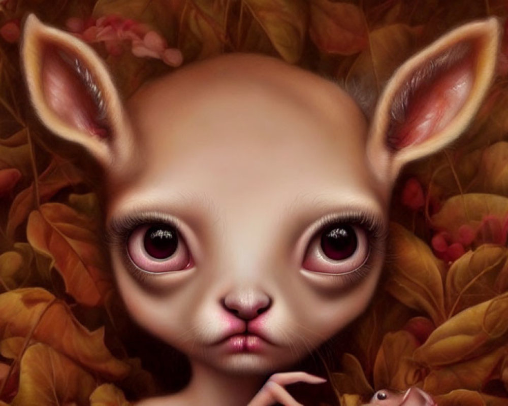 Surreal illustration of creature with expressive eyes and fawn-like ears in warm-toned foliage