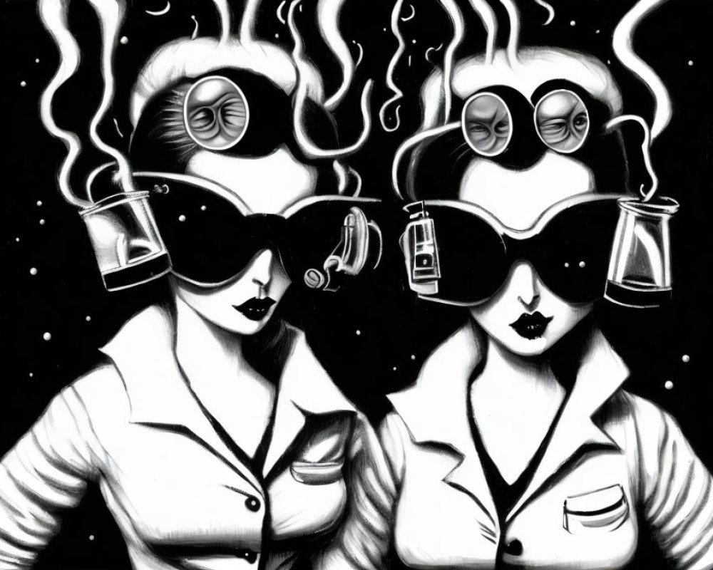 Surreal black and white illustration of women with flaming hair and coffee pots against starry backdrop