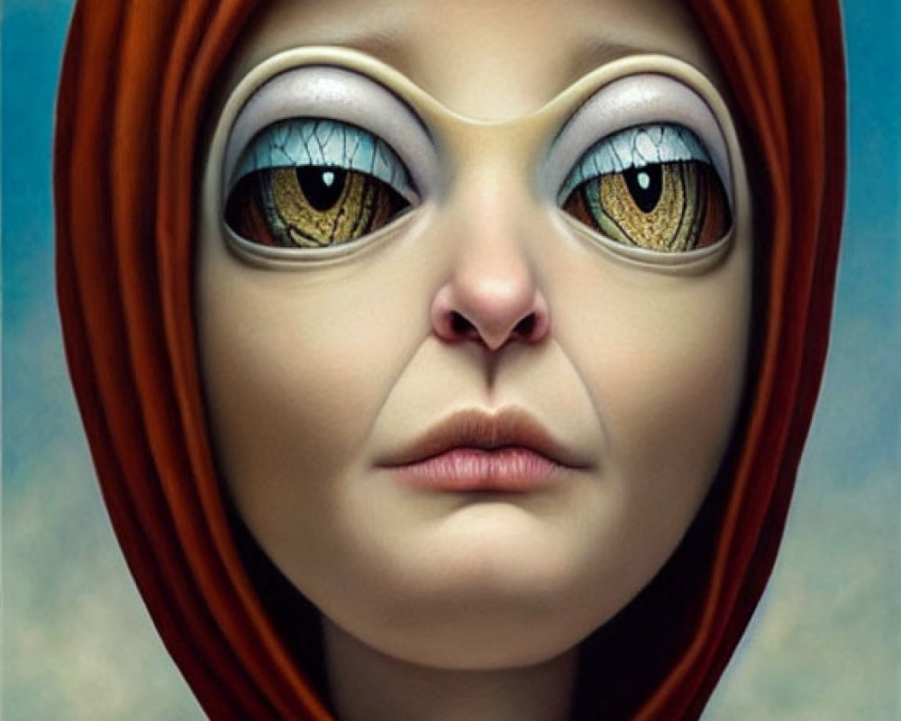 Surreal portrait of person with oversized expressive eyes in orange hood