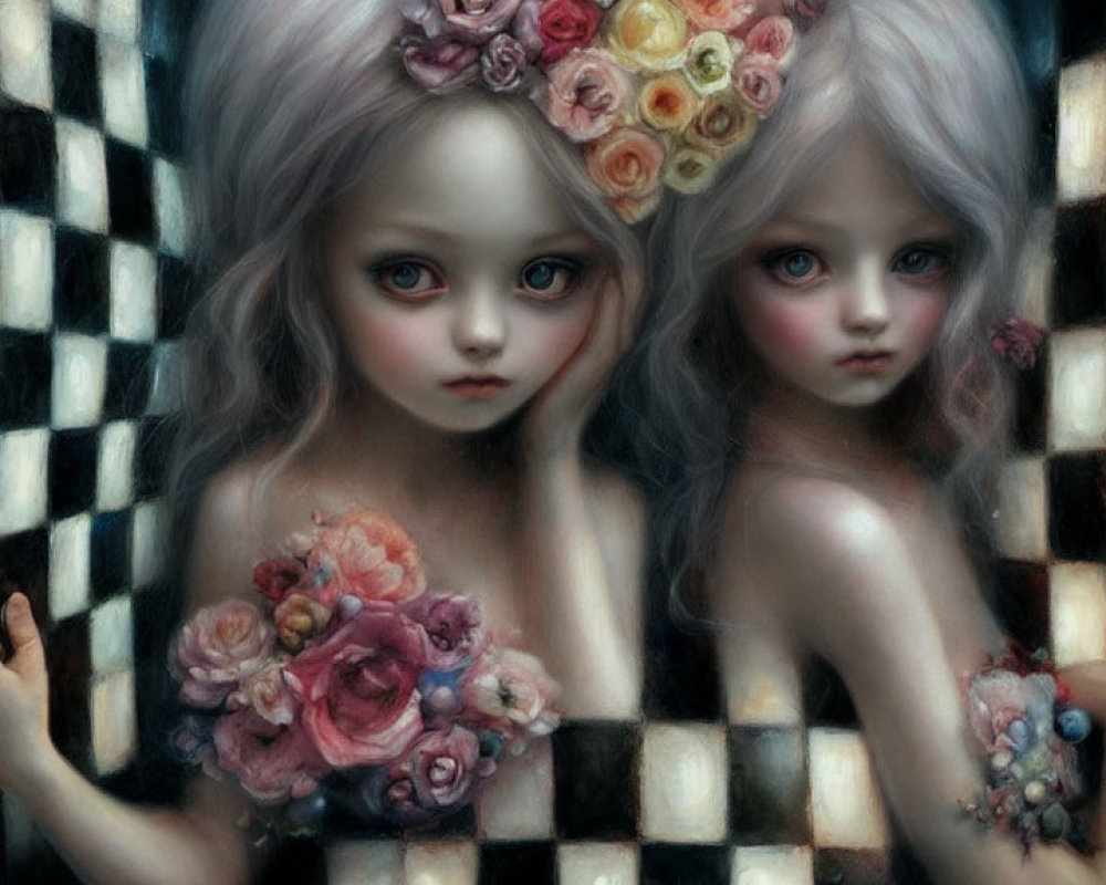 Surreal painting featuring identical girls with large eyes and flowers on a chessboard-patterned background