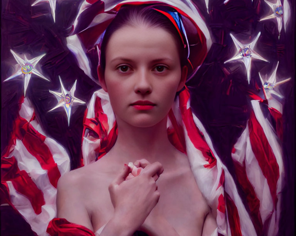 Serene woman draped in American flag-themed fabric with sparkling stars