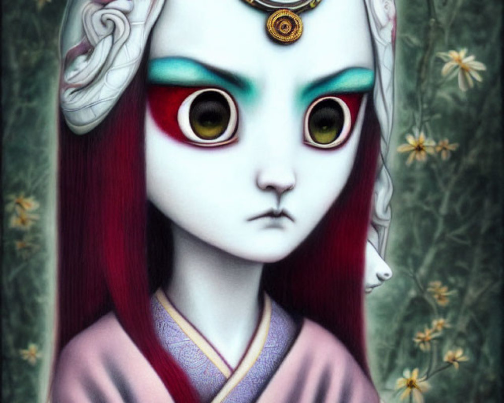 Stylized humanoid cat with third eye in ornate headdress and kimono, set in floral