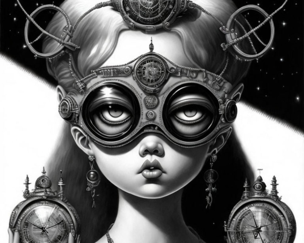 Monochrome girl with steampunk goggles and cosmic theme holding timepieces