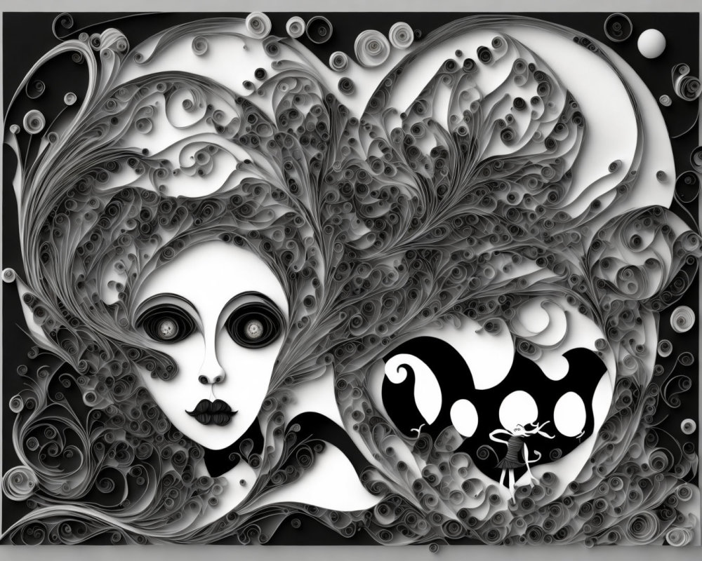 Monochromatic surreal artwork: stylized female face, swirling patterns, abstract shapes