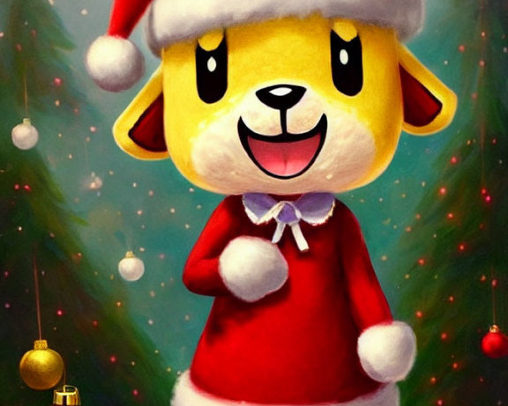 Yellow Dog Character in Santa Hat and Festive Outfit with Ornaments and Lights