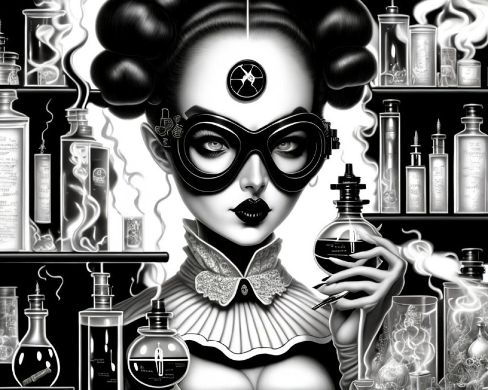 Monochromatic artistic illustration of a steampunk woman with elaborate hair and goggles holding a flask surrounded