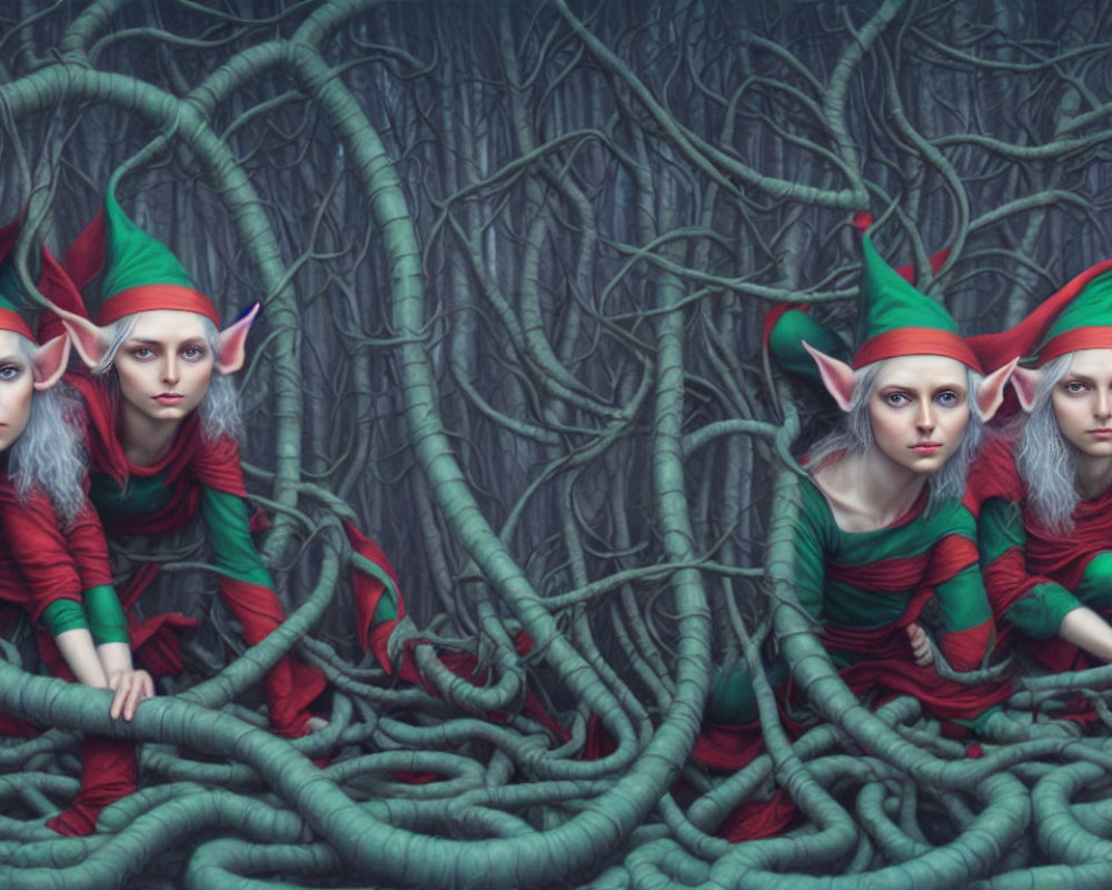 Fantasy elves in red and green outfits among dark green vines