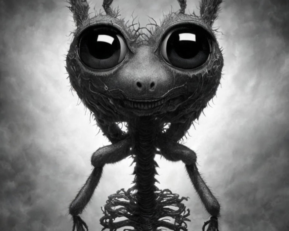 Monochrome whimsical creature with glossy eyes and skeletal body