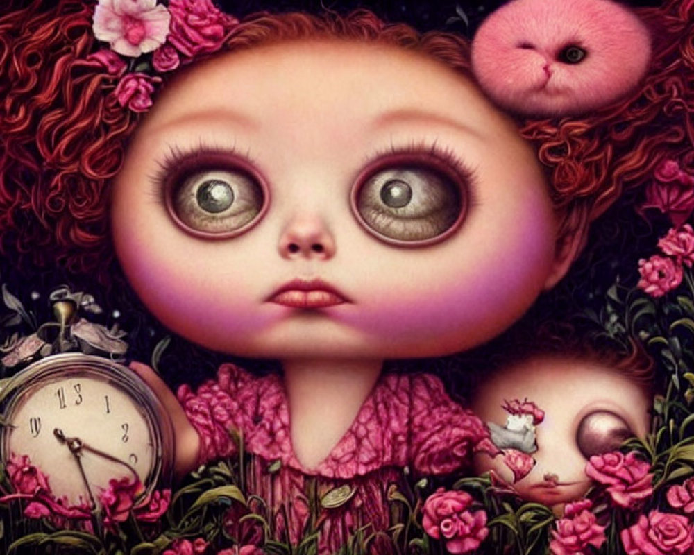 Surreal girl with large eyes, roses, clock, and whimsical creature illustration