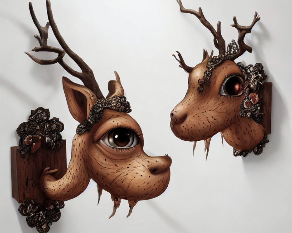 Stylized deer heads with large eyes and antlers on ornate metal-decorated wooden pla