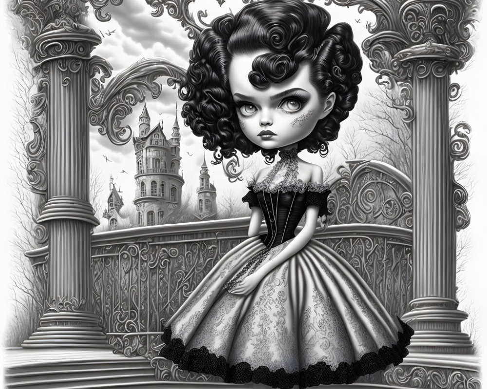 Monochrome gothic girl illustration with castle and pillars