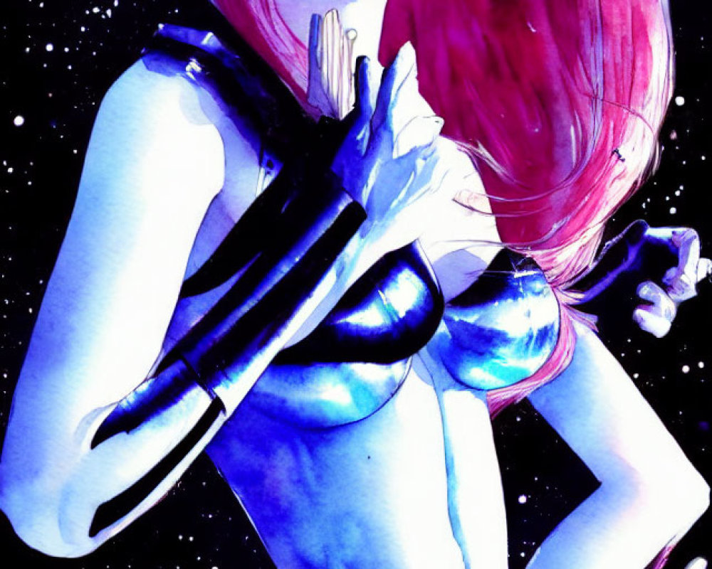 Stylized illustration of woman with pink hair in futuristic outfit