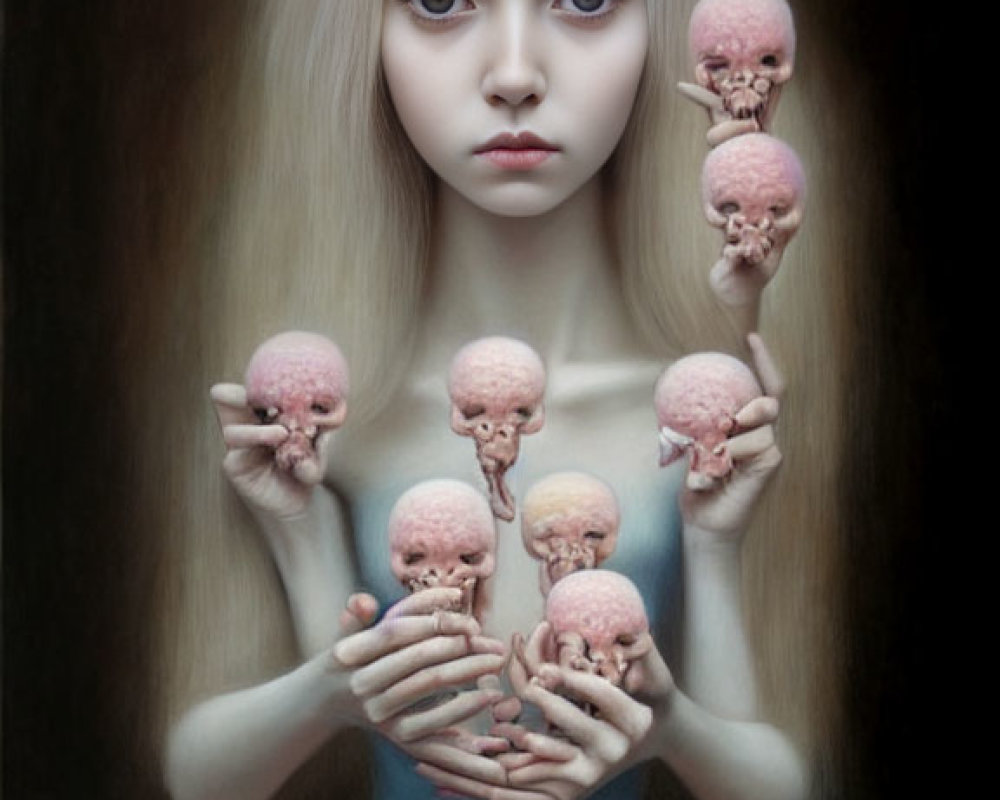 Blonde Girl in Blue Dress Holding Pink Skulls