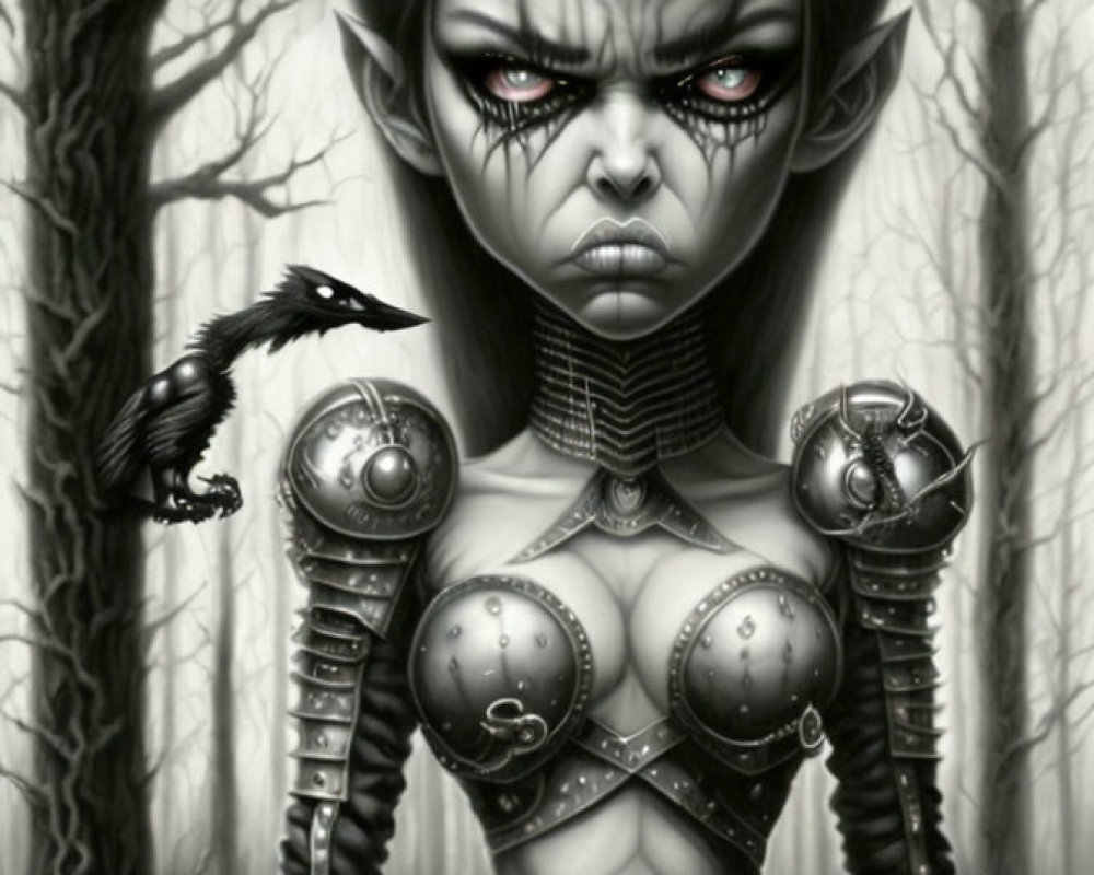 Monochrome fantasy artwork of armored female elf with crow in forest