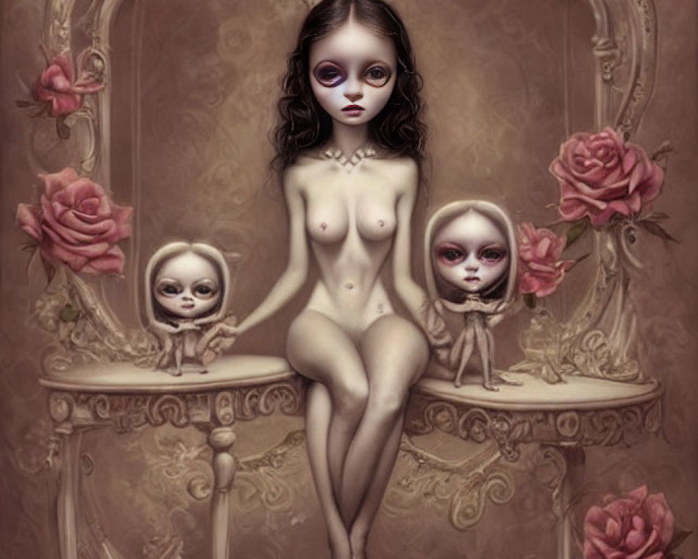 Three doll-like figures with oversized eyes in ornate floral frames, vintage sepia tone