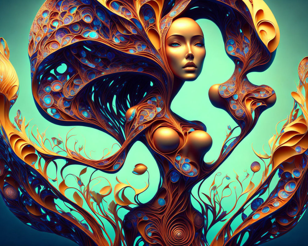 Surreal Female Face Artwork with Turquoise and Gold Organic Shapes