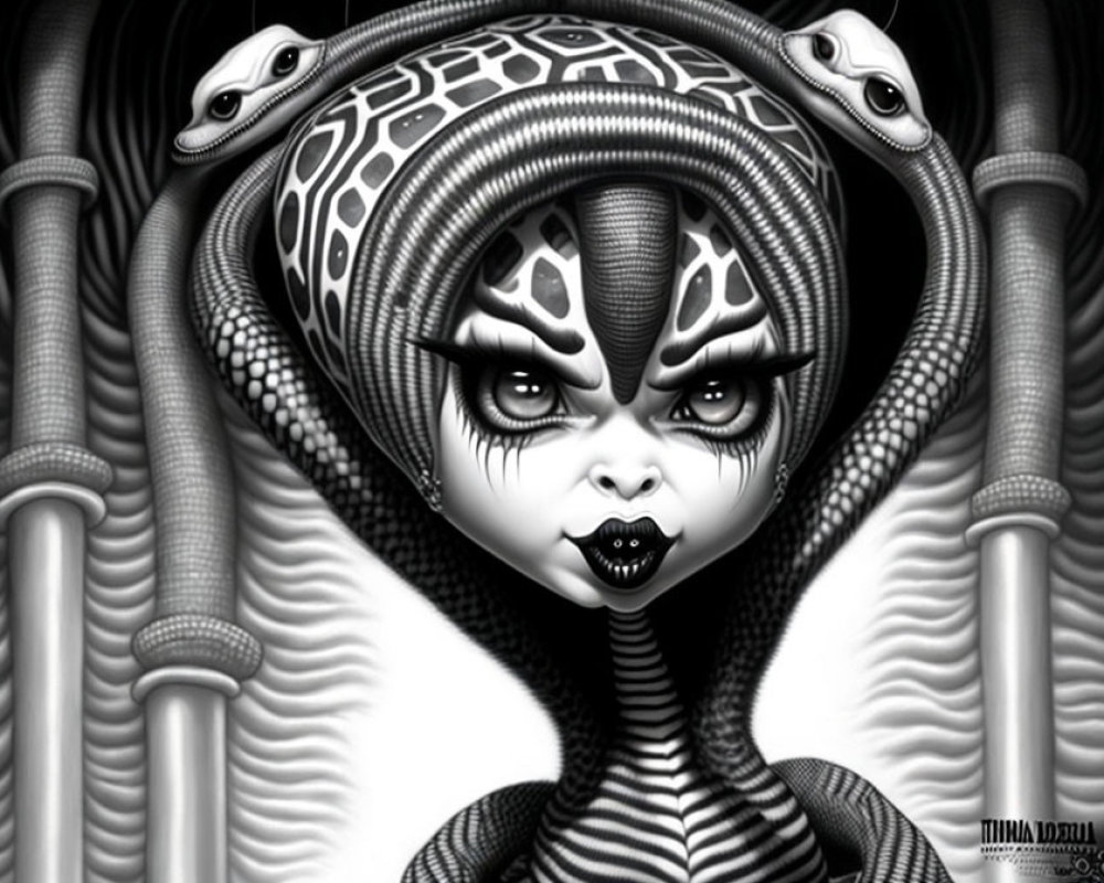 Monochrome fantasy illustration of snake-themed character.