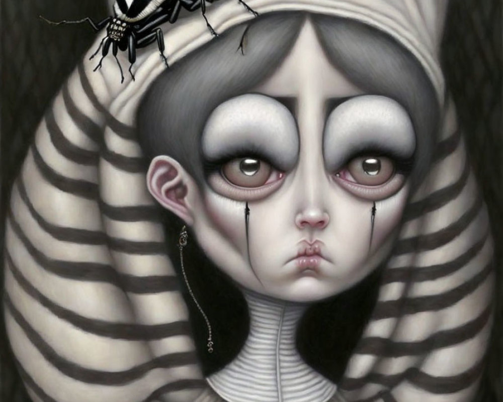 Surreal portrait of melancholic girl with striped sleeves and exaggerated eyes