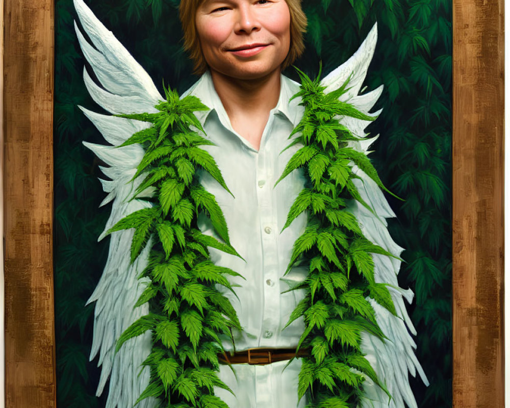 Person with cannabis leaf wings smiling in portrait against green backdrop