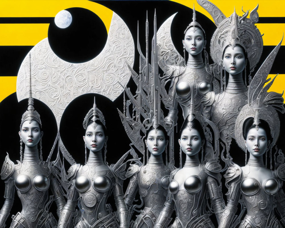 Digital artwork: Seven identical female figures in silver armor with yin-yang symbol on striped background