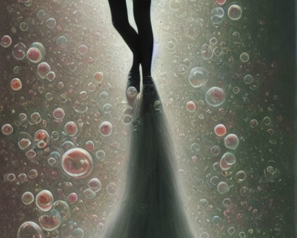 Surreal illustration of levitating girl in blue dress with reflection among bubbles