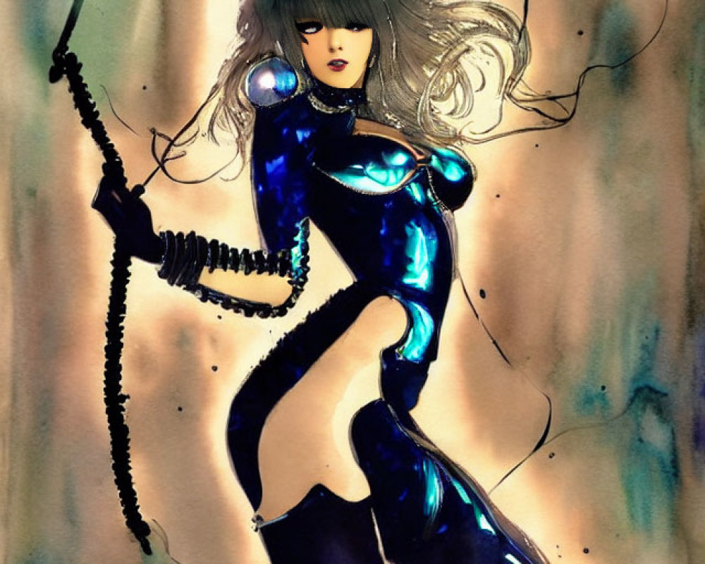 Female character in blue bodysuit with sword on abstract background