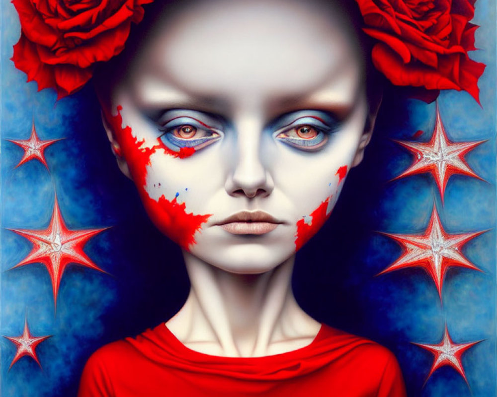 Surreal portrait with pale skin, red tears, roses, stars on blue.