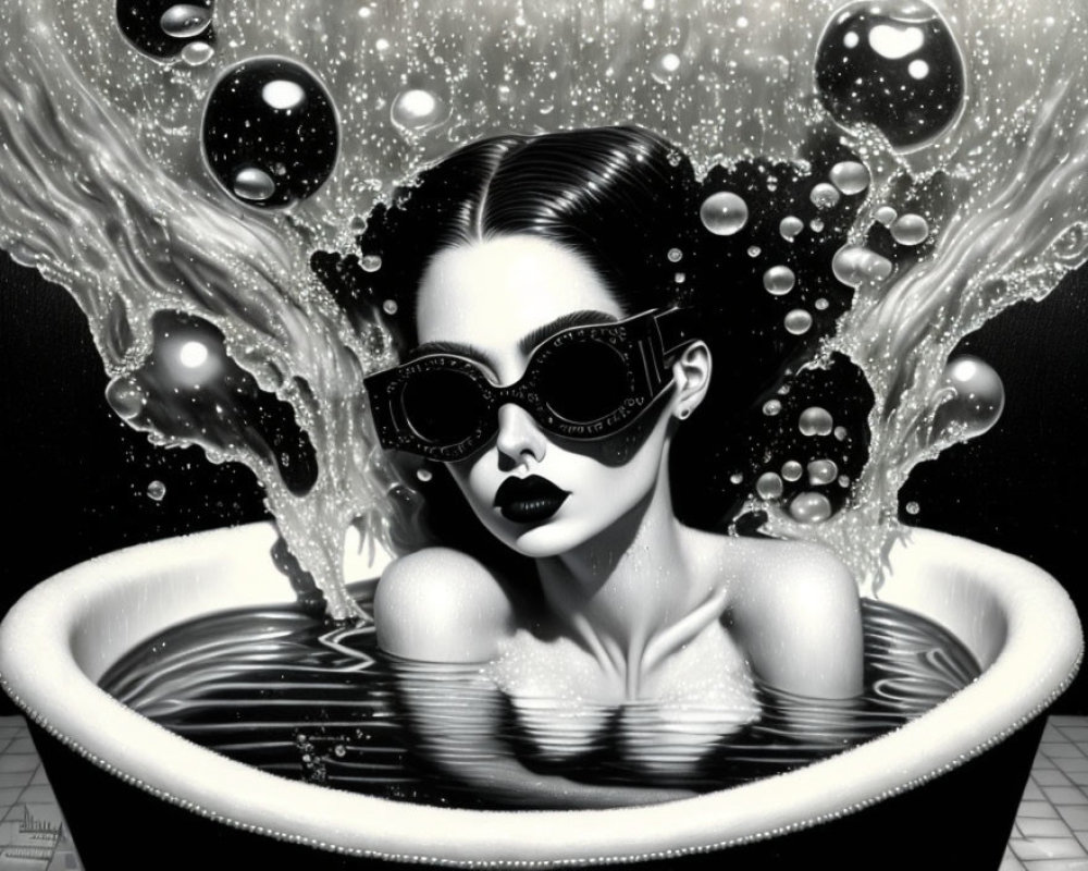 Monochrome illustration of woman in sunglasses submerged in tub with splashing water.