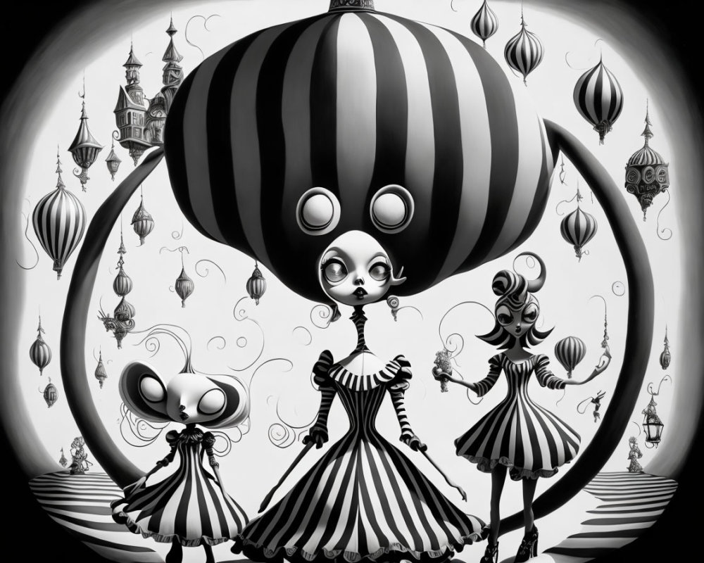 Monochromatic stylized characters with large heads and eyes in patterned dresses, surrounded by floating lantern