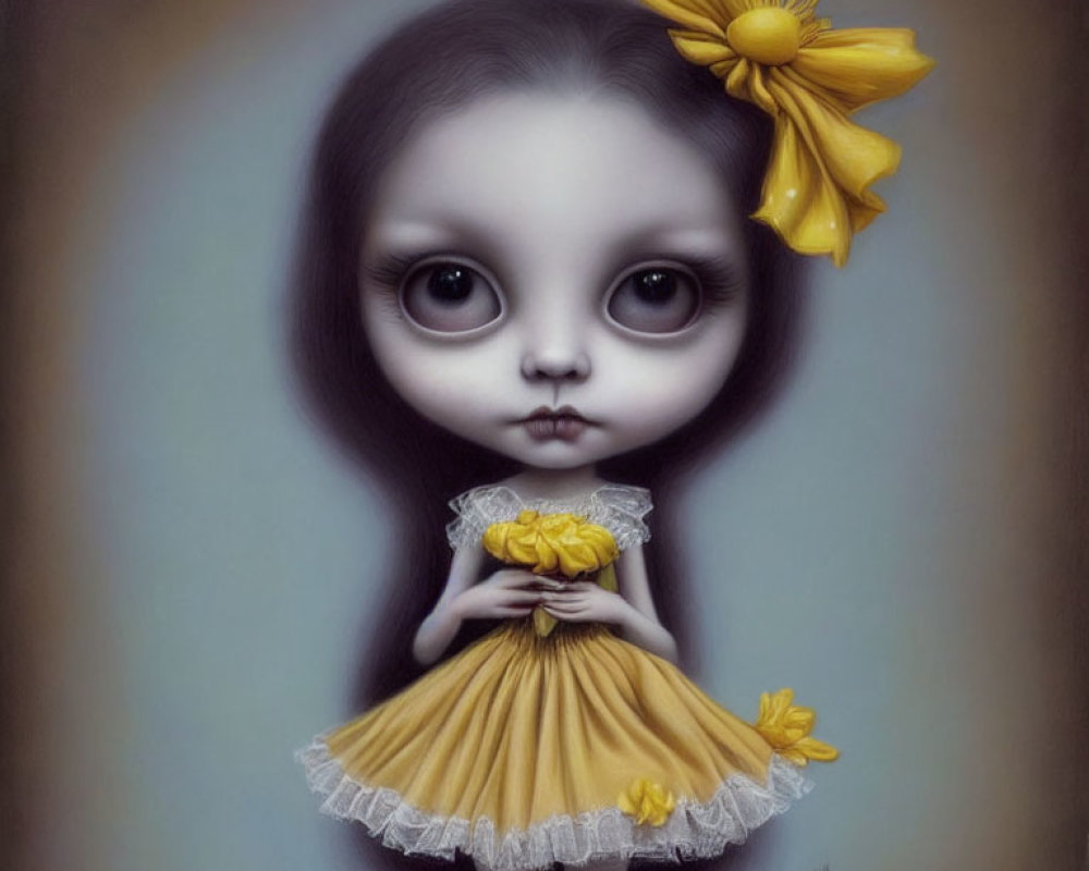 Stylized wide-eyed girl with yellow flower in hair and frilly dress against muted background