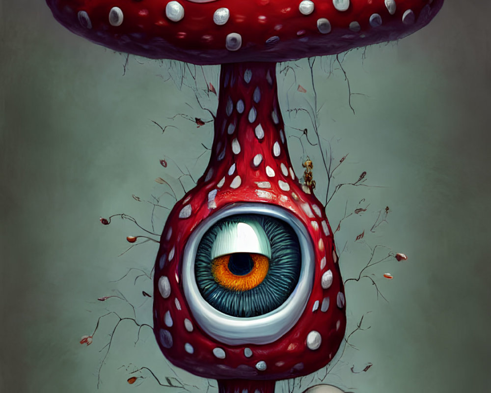 Illustration of Large Red Mushroom with White Spots and Central Eye