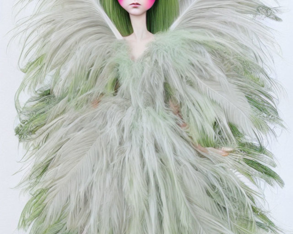 Doll with Large Green Eyes and Feathered Wings Standing on White Background