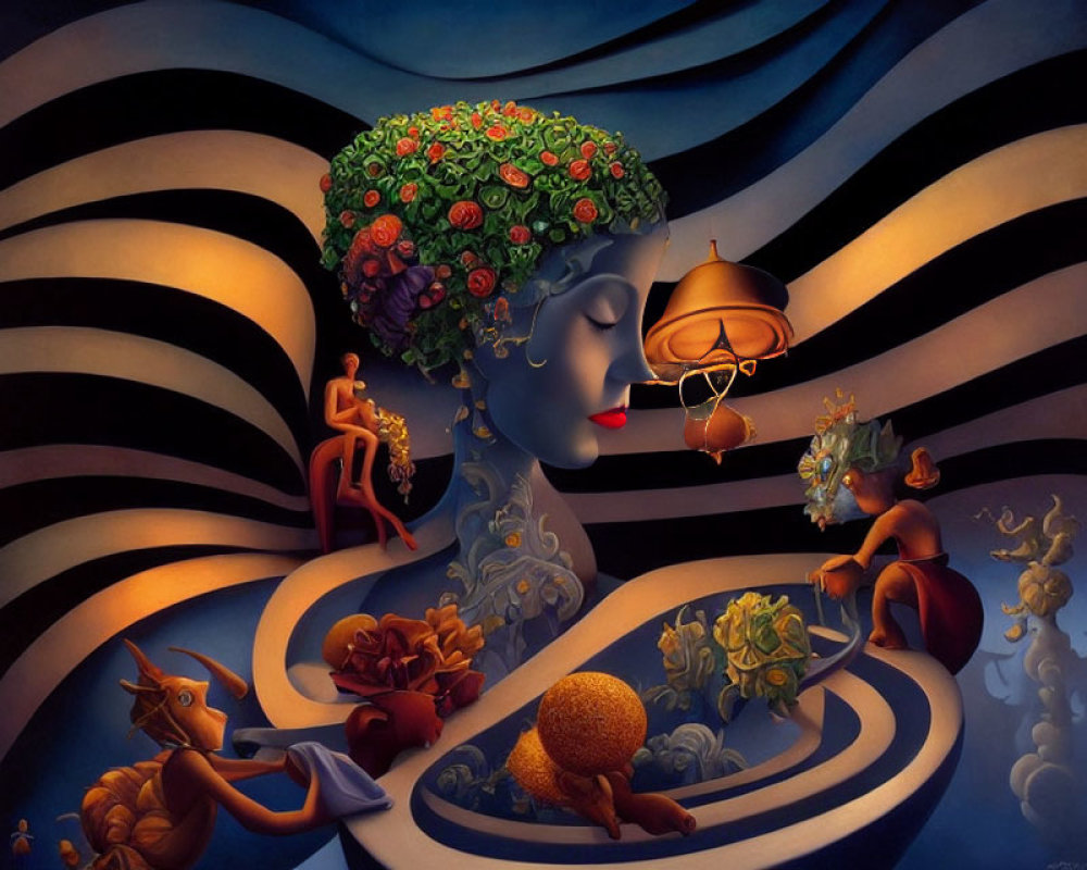 Surreal illustration of woman with floral headpiece and whimsical objects on swirling paths