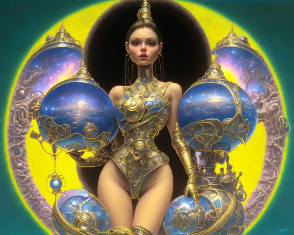 Female Figure in Golden Armor with Mechanical Elements on Vibrant Background