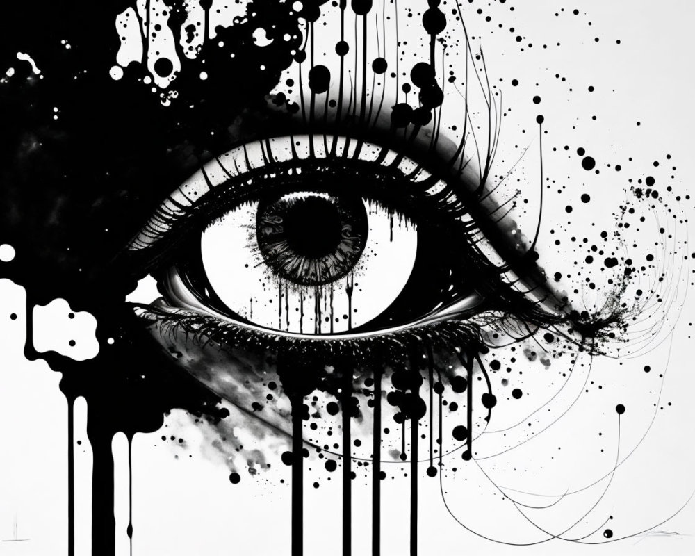 Monochrome eye art with intricate eyelashes and dynamic ink splatters