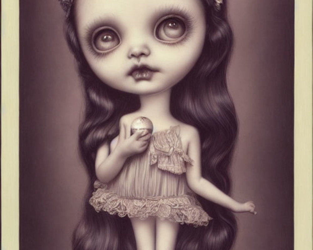 Illustration of doll-like girl with large eyes holding an apple in sepia tones