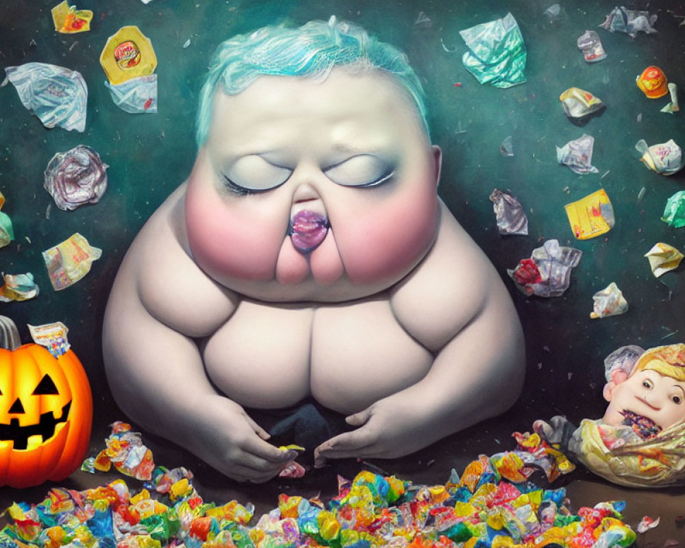 Surreal painting: overweight figure with candy wrappers, jack-o'-lantern, and doll-like