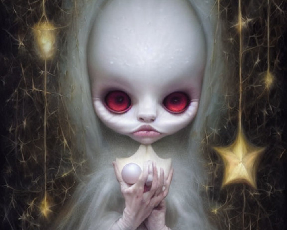 Fantasy being with large pale head, red eyes, cradling glowing orb surrounded by stars.