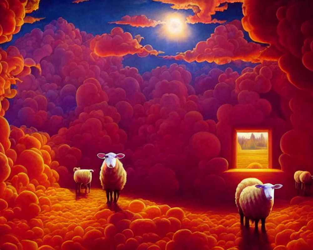 Surreal landscape with fluffy orange clouds and unique sheep under a bright moon