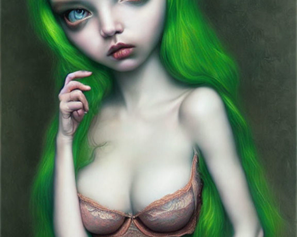 Surrealist portrait: Female figure with bright green hair and large blue eyes