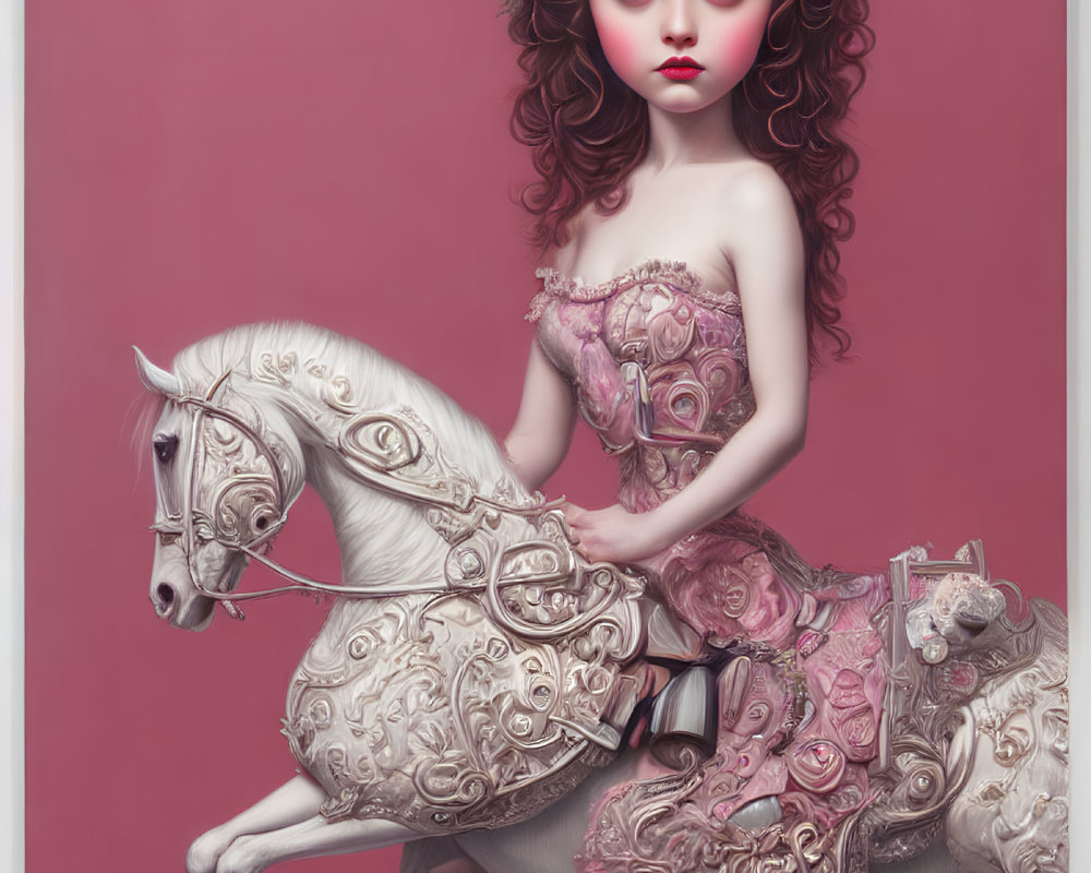 Surreal portrait: girl with floral headwear on white horse in silver patterns, pink background