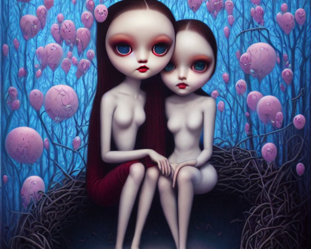 Stylized doll-like figures in dark whimsical forest with pink jellyfish-like entities