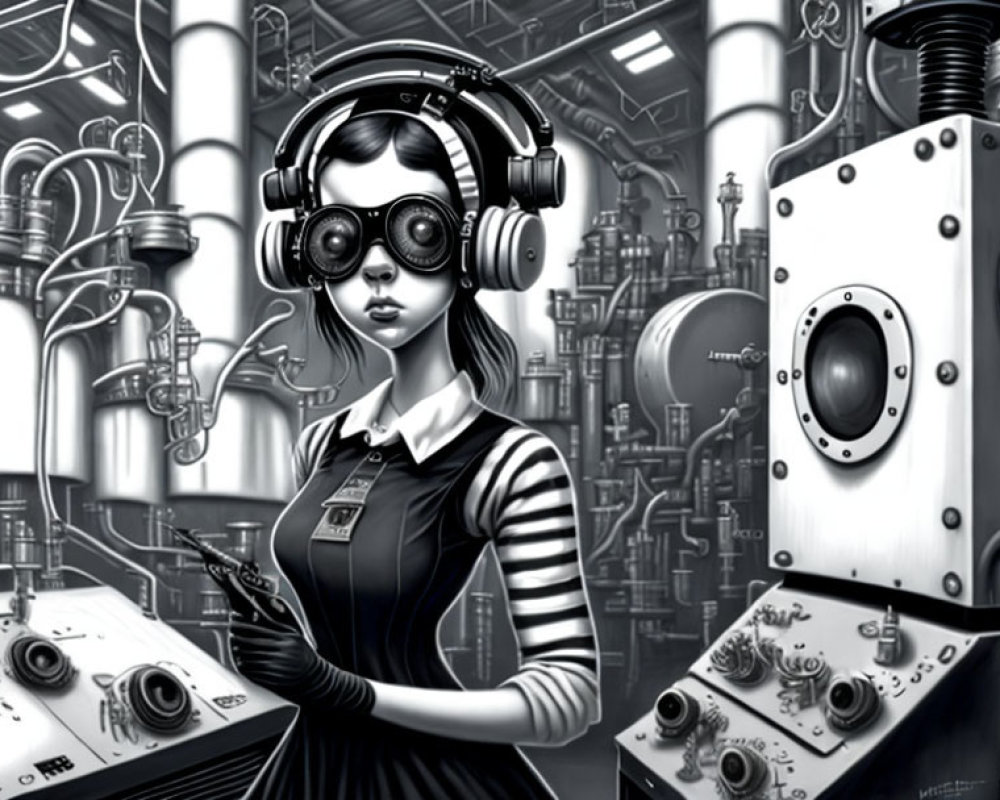 Monochrome illustration of woman with goggles and headphones in futuristic setting